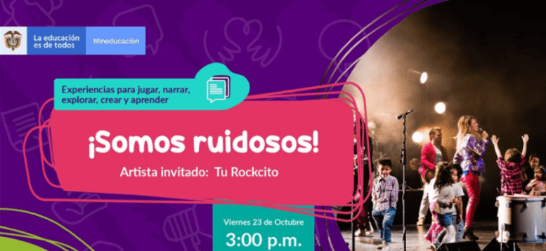 imagen en vende menta, morado y fucsia que muestra una banda de rock infantil