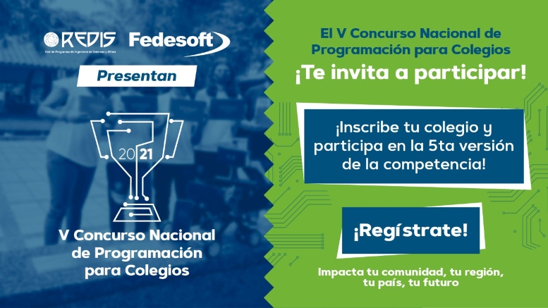 Imagen del concurso en fondo azul y verde, que invita a participar en el V Concurso Nacional de Programación para Colegios 2021 