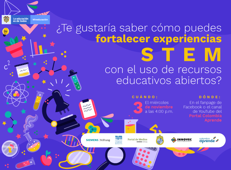 Muchos dibujos alusivos a la ciencia, como tubos de ensayo, plantas, átomos, con la fecha del evento,  etc, sobre fondo lila, con la fecha del evento y los aliados participantes. Toda esta información está en el cuerpo de la nota