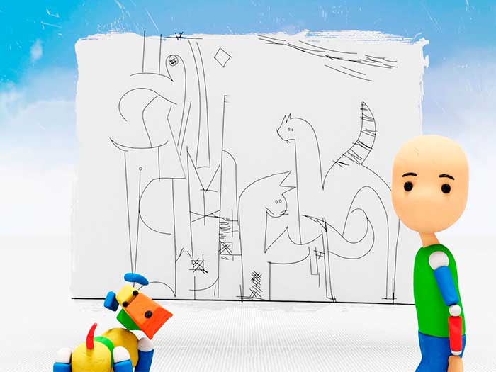 Dibujo de niño y perro hechos en plastilina, con un dibujo de fondo