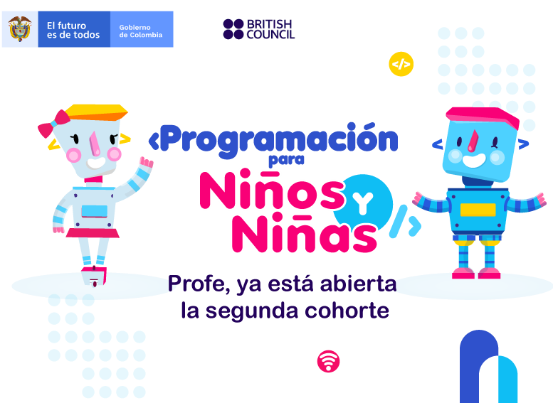 Imagen de fondo blanco con dibujos de niños robots conel cuerpo de colores fucsia, azul aguamarina y amarillo. Se lee el texto programación para niños y niñas