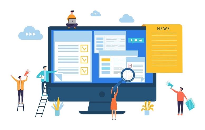 ilustración de niños trabajando en un PC gigante