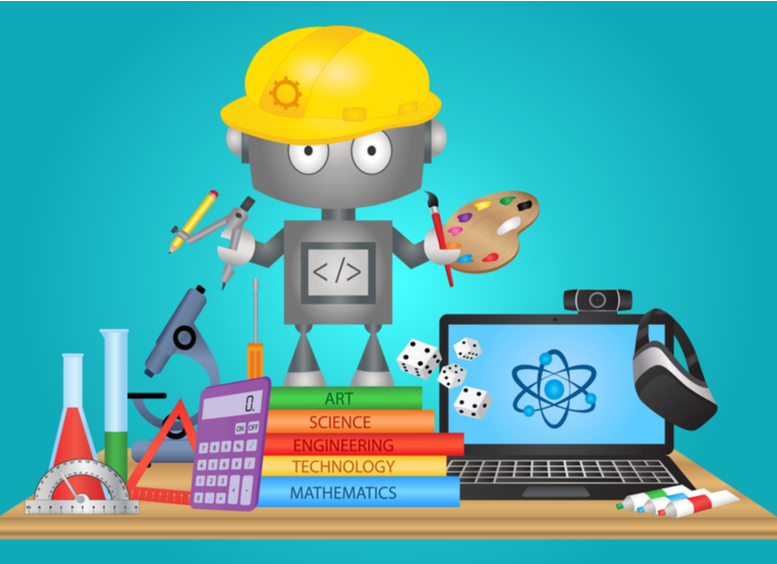 Ilustración de un robot con casco amarillo que sostiene una paleta de colores, un compás y otros elementos, parado sobre varios libros que contienen cada uno el significado de la sigla STEAM 