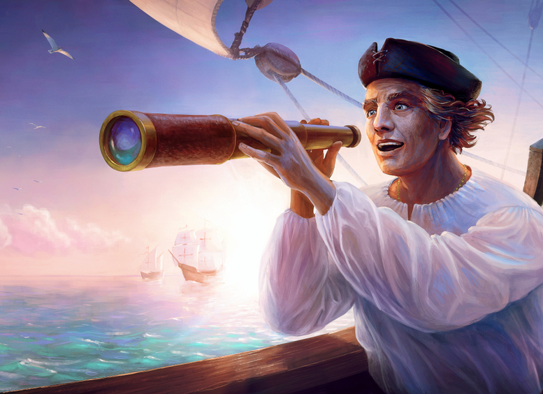 Retrato del descubridor Cristóbal Colón. Famoso marinero con una mirada feliz a una nueva tierra que se vio en el horizonte del mar 