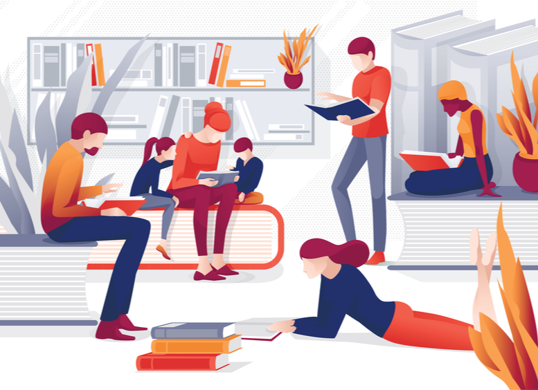 ilustración de personas de varias edades, en diferentes posiciones, leyendo