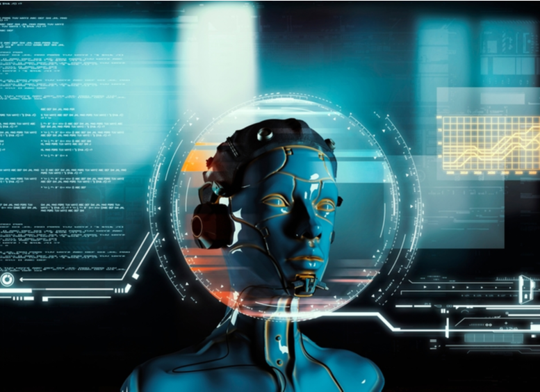 Ilustración 3d de Robot futurista frente a las pantallas con información de datos. Inteligencia artificial y concepto computacional.