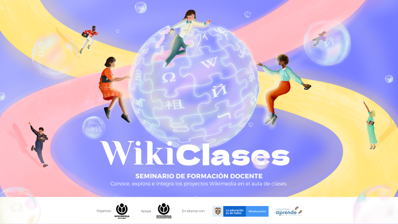 ilustración en colores pastel donde se ven jóvenes alrededor del logo de wikipedia