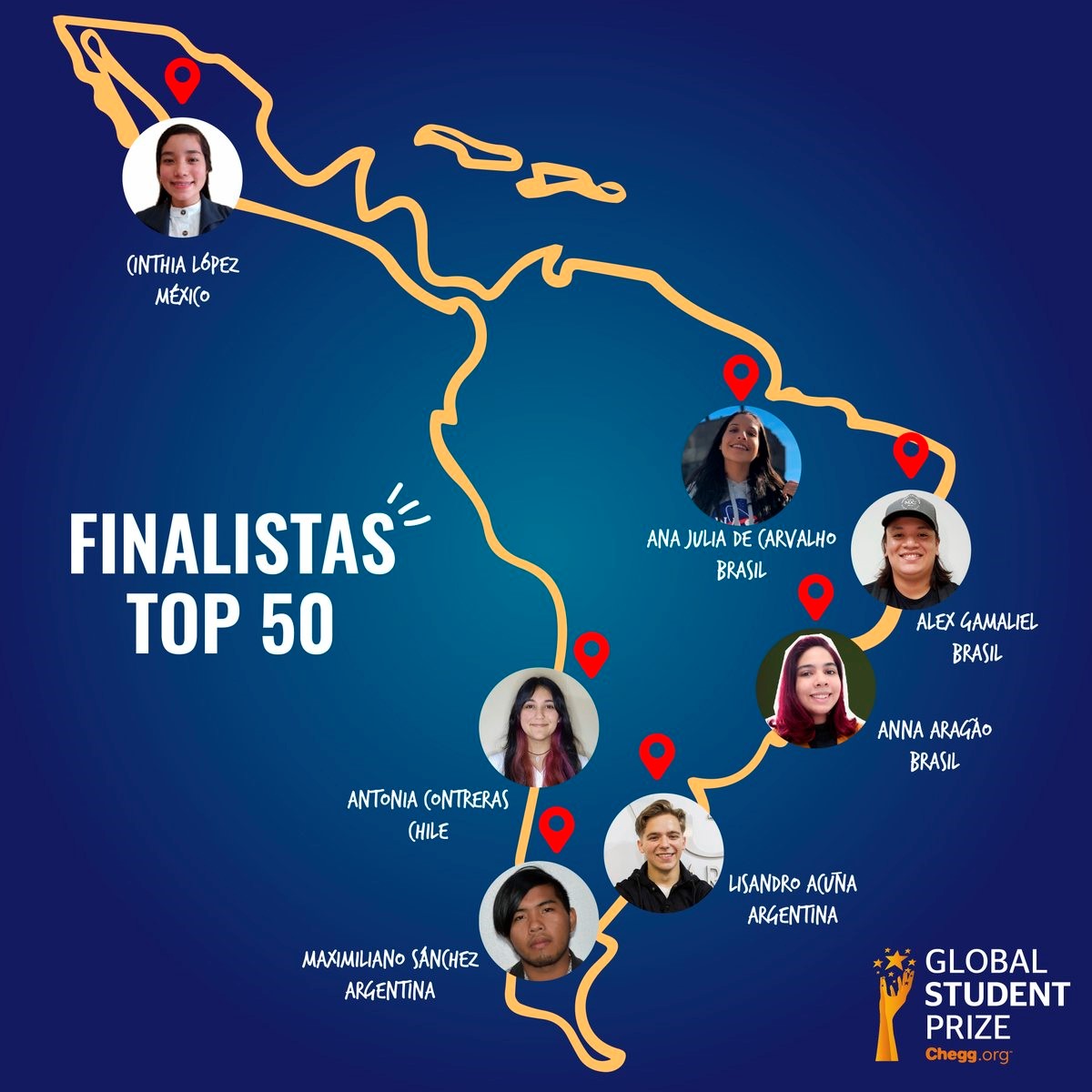 infografía de un mapa con los rostros de los finalistas