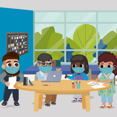 Ilustración dos profesores y dos profesoras en escritorio con computador y otros elementos de estudio sobre el escritorio