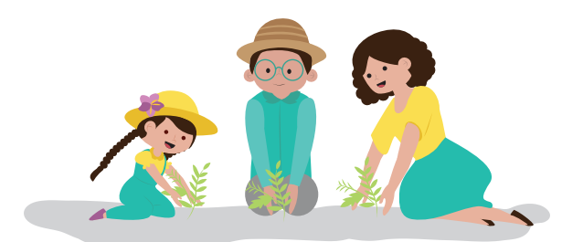 Papá y mamá con niña campesina, sentados sobre la tierra y sonriendo