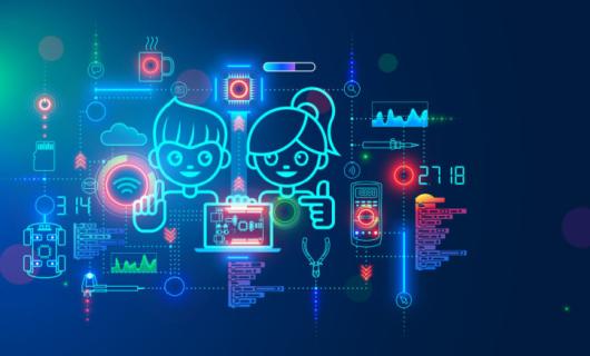 Dibujo representativo de codificación con niños y niñas en computador portátil, en la escuela en línea, para educación infantil y creación de robots electrónicos