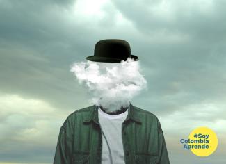 Hombre con sombrero, el fondo es el cielo, y sobre la cara del hombre hay una nube.
