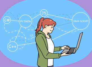 Ilustración mujer sosteniendo computador y alrededor palabras de lenguajes de programación