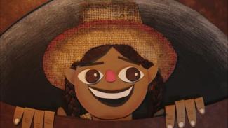Fotograma de niña con sombrero de paja y grandes ojos negros que sonrie