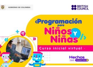 Ecard Programación para niños y niñas cohorte virtual con fotografía de una persona frente al computador. Logos British Council y Gobierno de Colombia