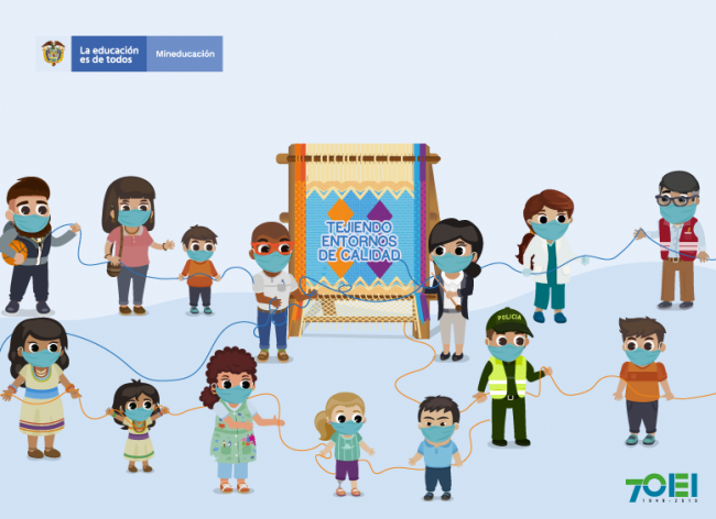 Ilustración niños, niñas, docentes, familia enlazados con cuerda y tablero que dice Tejiendo Entornos de Calidad