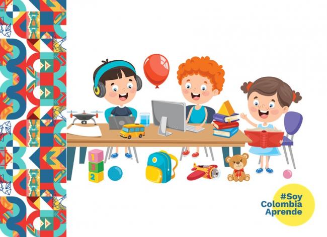 Ilustración de dos niños y una niña, sentados en un escritorio, sonriendo frente  a un computador y juguetes bajo el escritorio