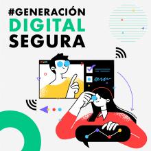 Imagen en fondo blanco con letras grandes en color verde y negro en la parte superior. En la parte inferiro hay una ilustración de dos jóvenes observando computadores