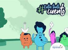 Portada. # Enrte Tanto Cuento. Ilustraciones de cuatro personajes de color naranja, azul, morado y verde