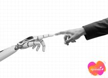 Mano de un robot y de una hombre acercandose