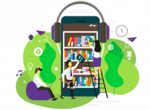 Ilustración celular con audífonos, biblioteca en el celular y tres personas trabajando alrededor de él