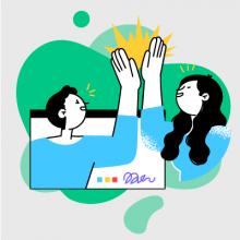 ilustración en la que aparecen dos  jovencitas en espacio al aire libre chocando las manos
