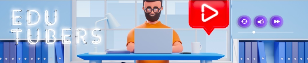 Ilustración Edutubers de un hombre sentado en su escritorio con un computador